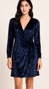 GREYLIN Velvet Wrap Dress Blue Crushed Long Sleeve Tie Waist Party Holiday Sz M - Picture 1 of 14