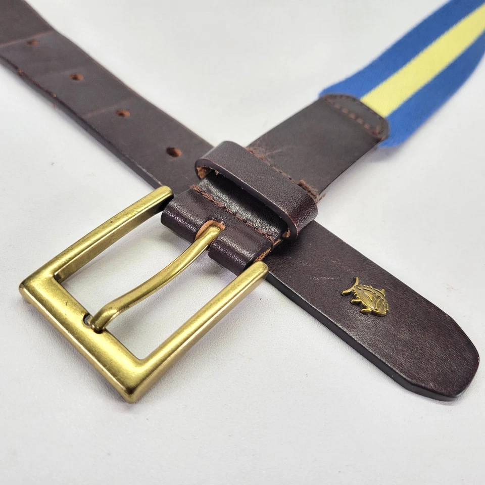 Cinturón Southern Tide Ribbon 40 Rayas Lona Cuero Azul Amarillo Preppy Foto 1 de 4