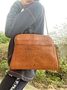 Embossed 3d Aztec Relief Tan Cognac Soft Genuine Leather Shoulder Large Bag - Picture 1 of 9