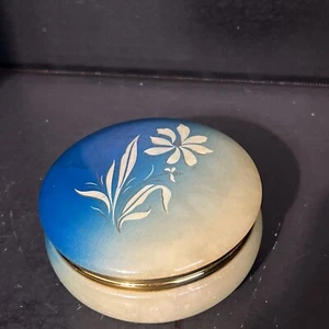 Vtg Ali Alabaster Volterra Trinket Box With Gold Band & Hinges Painted Flowers - Picture 1 of 8