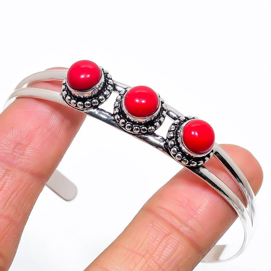 Red Coral Gemstone 925 Sterling Silver Jewelry Cuff Bracelet Adjustable - Image 1 of 1