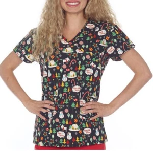 NWT Women's Medium Christmas Holiday Faith Print I Love Scrubs Scrub Top - Picture 1 of 1