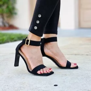 Women's Black Nubuck Ankle Strap Block Heel Dress Sandals - Picture 1 of 6