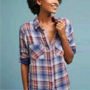 Anthropologie Cloth & Stone Plaid Gauze Button up Shirt Roll tab long sleeve M - Picture 1 of 10