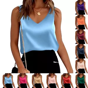Satin Tank Tops For Women Loose Sleeveless Top V Neck Camisole Blouses Shirt - Picture 1 of 32