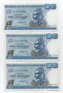 ZIMBABWE 3 X 2 DOLLARS 1980 PICK 1 A CONSECUTIVE NUMBERS LOOK SCANS - Picture 1 of 2