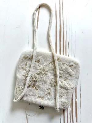 ✿ Vintage Beaded Evening Bag White Floral Handbag Made in Korea 1970 - Image 1 of 4