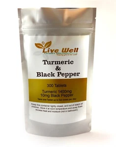 Turmeric & Black Pepper 1400mg Tablets -300 Pack- UK Made- Vegan - Picture 1 of 6