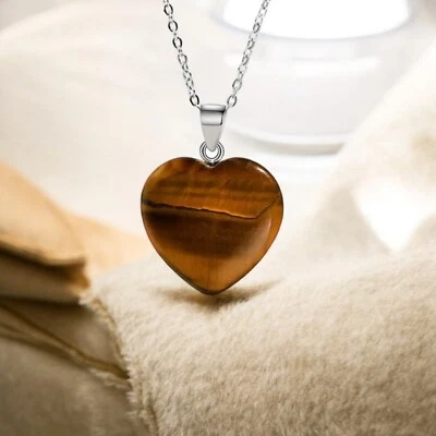 Collana argento in acciaio Inox ciondolo Cuore Pietre vere Occhio di Tigre - Immagine 1 di 4