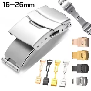 Stainless Steel Watch Strap Buckle 16 18 20 22 24 26mm Dual Folding Secure Clasp - Picture 1 of 20