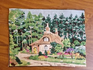 Vintage Finely Worked Tapestry of Cottage In Woodland for Craft or Cushion - Picture 1 of 3