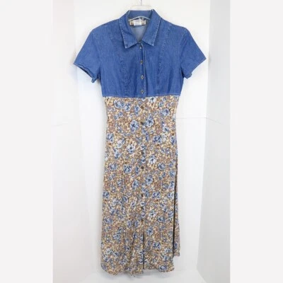Vintage 90s Jonathan Martin Women Size Small Maxi Dress Denim Floral Cottagecore - Image 1 of 4