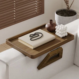 Natural Bamboo Sofa Side Table Foldable Couch Armrest Clip-On Tray Drinks Snack - Picture 1 of 34