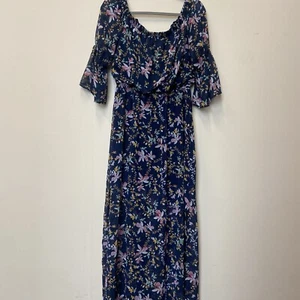 Lily Rose Maxi Dress Size L Black Floral 3/4 Sleeve Gathered Waist Goth Witchy - Picture 1 of 9