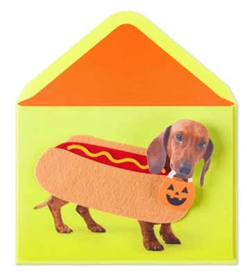 BOBBLE HEAD DACHSHUND “Happy Halloweenie!” PAPYRUS HALLOWEEN CARD Funny Hot Dog - Image 1 of 3