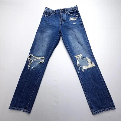 Pantalones de mezclilla KanCan tiro alto novio para mujer 0/23 azul oscuro desgastado botón mosca Foto 1 de 4