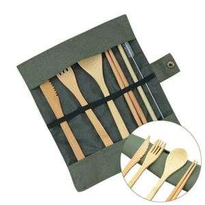 Portable Bamboo Travel Cutlery Set Eco-friendly Fork Spoon Flatware Camping #J - Picture 1 of 8