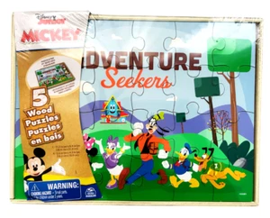 Mickey Mouse Adventure Seekers 5 Wood Puzzles In Storage Box Disney Junior 3+NEW - Picture 1 of 2