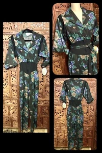 Vintage Jumpsuit Damen Seneca Blumen Gummibund Langarm 80er Jahre NEU 10/12 - Bild 1 von 6