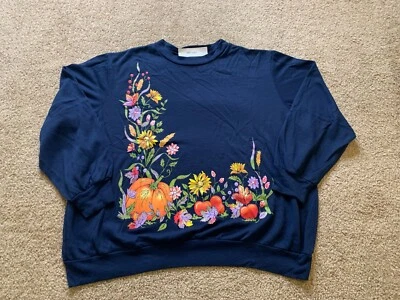 VINTAGE Women Sweater 2X Blue Plus Crewneck Fleece Sweatshirt Gramma Flowers 90s - Image 1 of 4