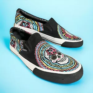Vision Street Wear Slip On Sneakers Sz 8 Sugar Skull Day of the Dead Skate Shoe - Picture 1 of 14