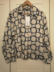 BNWT Zara Printed satin cream blue retro shirt blouse top L large Geo chain - Picture 1 of 11