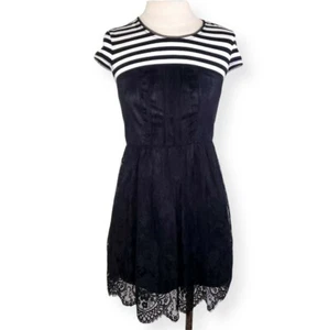 Vera Wang Striped Black White Dress Womens 3 Lace Fit Flare Mini Knee Length - Picture 1 of 8