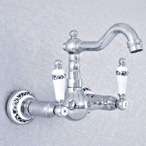 Cromo montado en la pared Baño Lavabo de cocina Grifo de fregadero Grifo mezclador de dos manijas - Imagen 1 de 8
