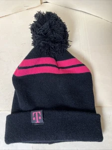 T-Mobile Tuesdays 2018 WINTER HAT Black Pink Stripe Knit Pom Pom Magenta TMobile - Picture 1 of 4