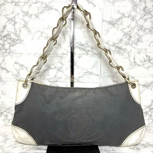 CHANEL A20825 Gold Chain Handbag One Shoulder Bag Coco Mark Canvas Gray Purse - Picture 1 of 24