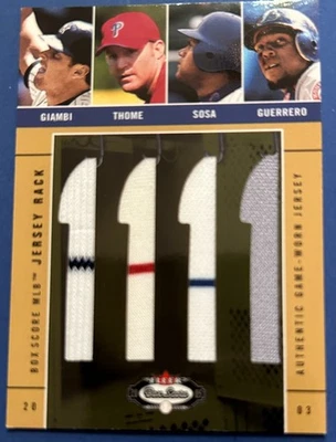 2003 Fleer Box Score "Jersey Rack Quad" Giambi/Thome/Sosa/Guerrero 015/150 - Image 1 of 2