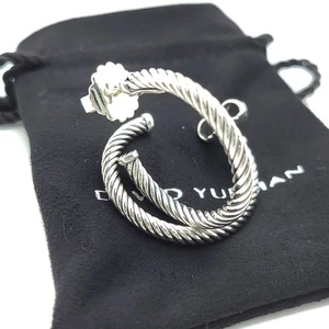 David Yurman Sterling Silver Classic Cable 1'' Inch Hoop Earrings With Pouch - Picture 1 of 9