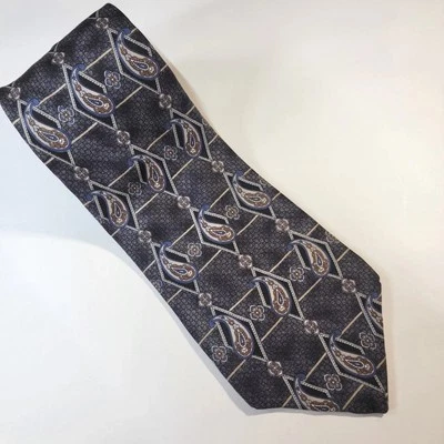 Gravata de pescoço masculina Arrow preta azul cinza paisley 100% seda feita nos EUA estampada Itália - Imagem 1 de 3