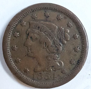 Moneta da un centesimo 1854 capelli intrecciati rame US fine 1c US grande centesimo - Foto 1 di 2