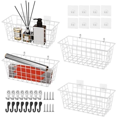 4 PCS Hanging Wall Wire Storage Baskets with 8 Hooks White Cabinet Door - Image 1 of 4
