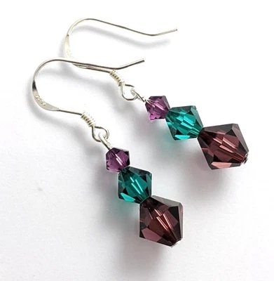 Burgundy Emerald Crystal Earrings Made with Swarovski Beads Sterling Hooks - image 1 of 4