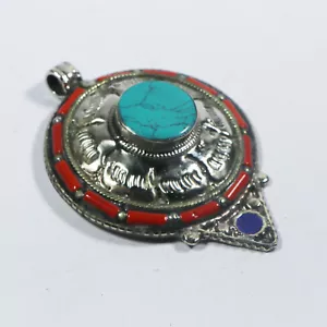 Ciondolo turchese originale ciondolo argento tibetano fatto a mano charm tribale gioielli - Foto 1 di 7