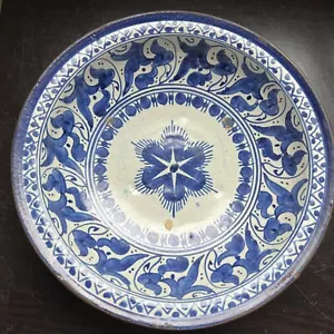 Vintage Moroccan Blue White Ceramic Bowl Meant for Display / Hanging on Wall 11" - Picture 1 of 11