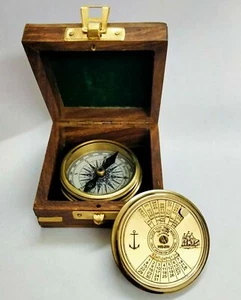 Brass Calendar Lid Compass 100 Yrs With Wood Box Nautical Gift - Picture 1 of 6
