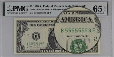 Near Solid 5 Year 1988A  B55555558F PMG 65 EPQ FRN New York Birthyear 1958 - Image 1 of 3