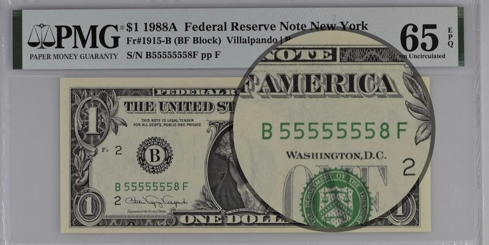 Near Solid 5 Year 1988A  B55555558F PMG 65 EPQ FRN New York Birthyear 1958 - Image 1 of 3