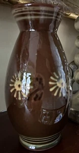 Polish Pottery Vase Brown Clay Flowers Handmade Paper Label Vtg 7.75” - Picture 1 of 10