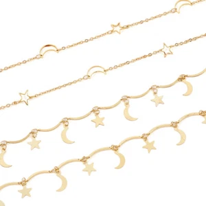 2 Strands Golden Brass Curb Chains Soldered Chains Moon & Star Charms - Picture 1 of 5