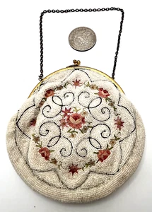 Antique Vintage Embroidered Floral Beaded Rhinestone Purse w/ Mirror FRANCE Excl - Picture 1 of 7