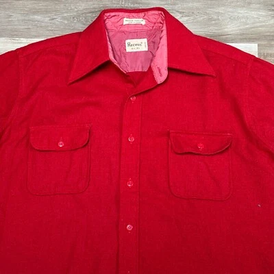 Vintage 70s Wool Flannel Shirt Mens Large Red Dagger Collar Workshirt Recess - Image 1 of 4