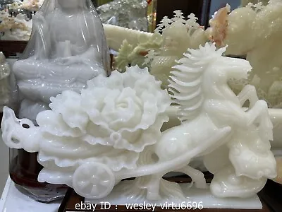 Natural Afghanistan White Jade Stone Carved Wealth Horse Drawn Carriage Statue • 3,650.40$