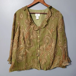ICE by Connie K Silk Top Size 3X Paisley Ruffle Neck Button Front Womens Green - Picture 1 of 11