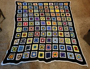 Vtg Afghan Granny Square Handmade Roseanne Throw Blanket Black Trim 77” X 71” - Picture 1 of 4