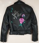 Zara TRF Outerwear Faux Leather Biker Jacket Women's Medium Black Hand Painted 