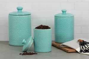 Canister Set Blue Ceramic 3 Piece Kitchen Food Storage Container Flour Sugar - Picture 1 of 4